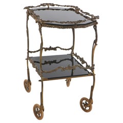 Vintage Rococo Cast Brass and Black Glass Serving Bar Cart with Removable Tray