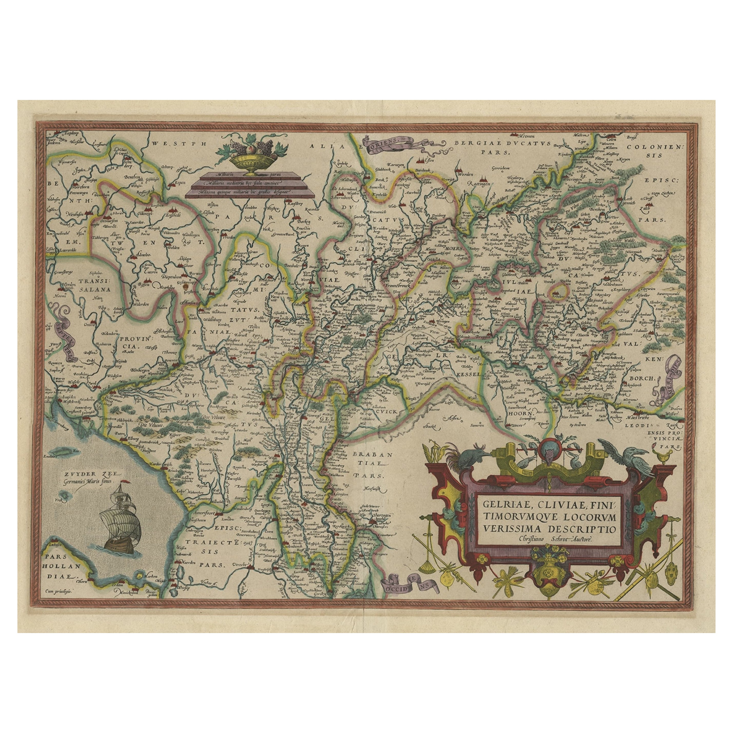 Superbe carte ancienne de la province de Gelderland, Pays-Bas, vers 1575