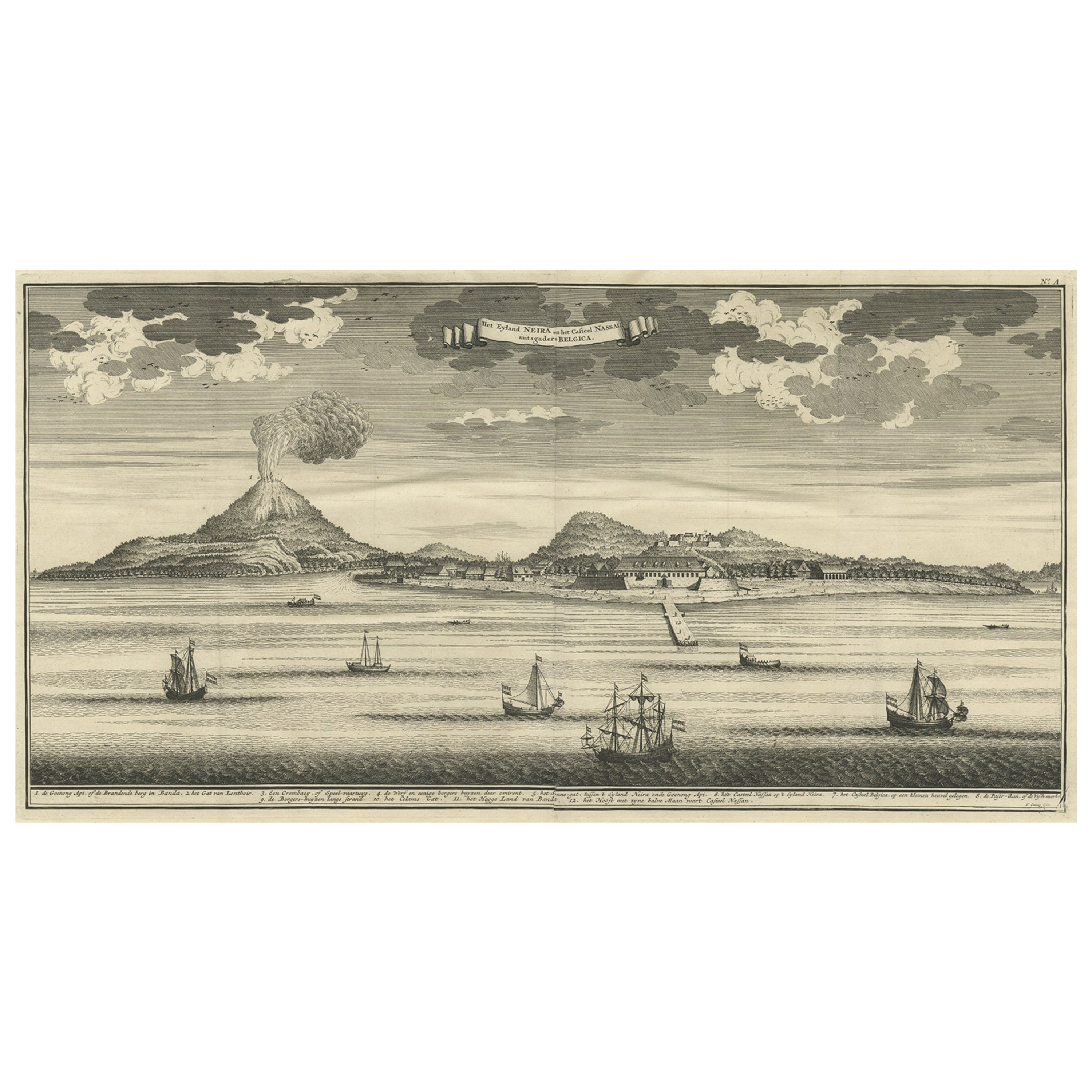 Schöne alte Ansicht der Spice Island Banda Neira mit Fort Nassau, Indonesien, 1726