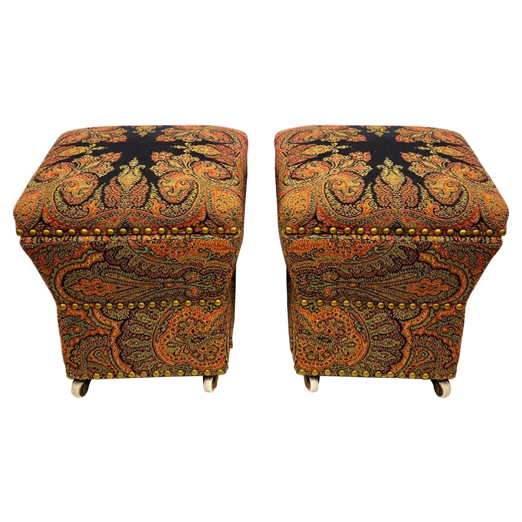 English Paisley Upholstered Storage Ottomans, a Pair