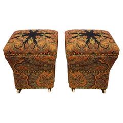 English Paisley Upholstered Storage Ottomans, a Pair
