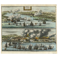 Grabado decorativo de barcos de combate del VOC atacando Palembang en Sumatra, ca.1700