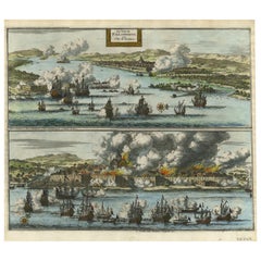 Decorative Engraving of VOC Battle Ships Attacking Palembang in Sumatra, ca.1700