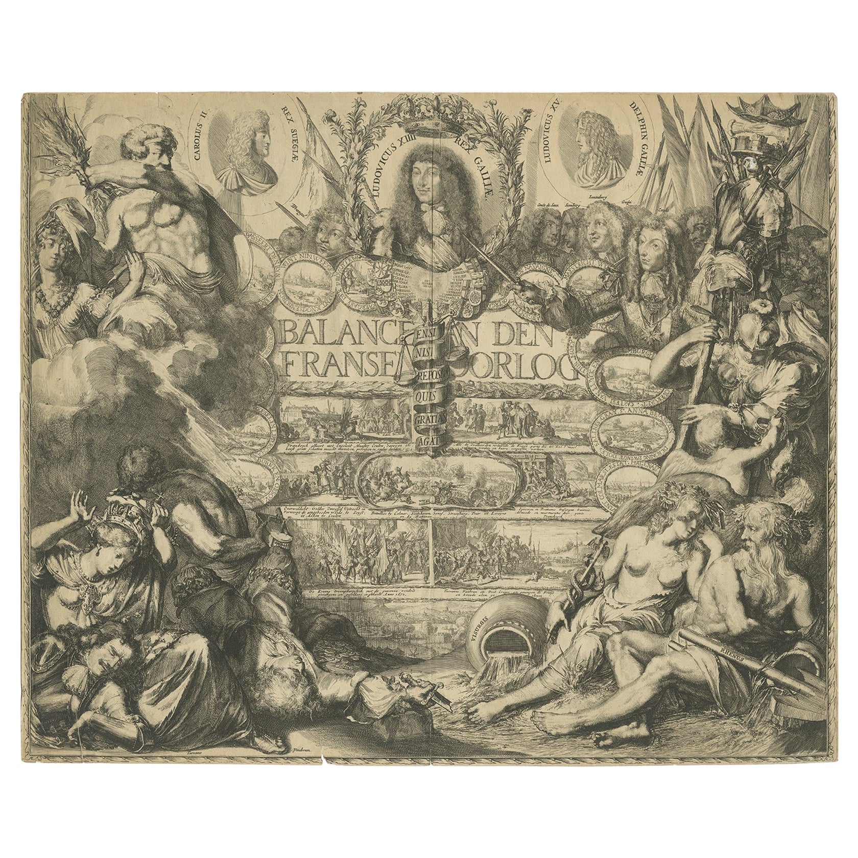 Rare Allegory of France & Her Allies at War, Incl a Portrait of Louis XIV, 1676 For Sale