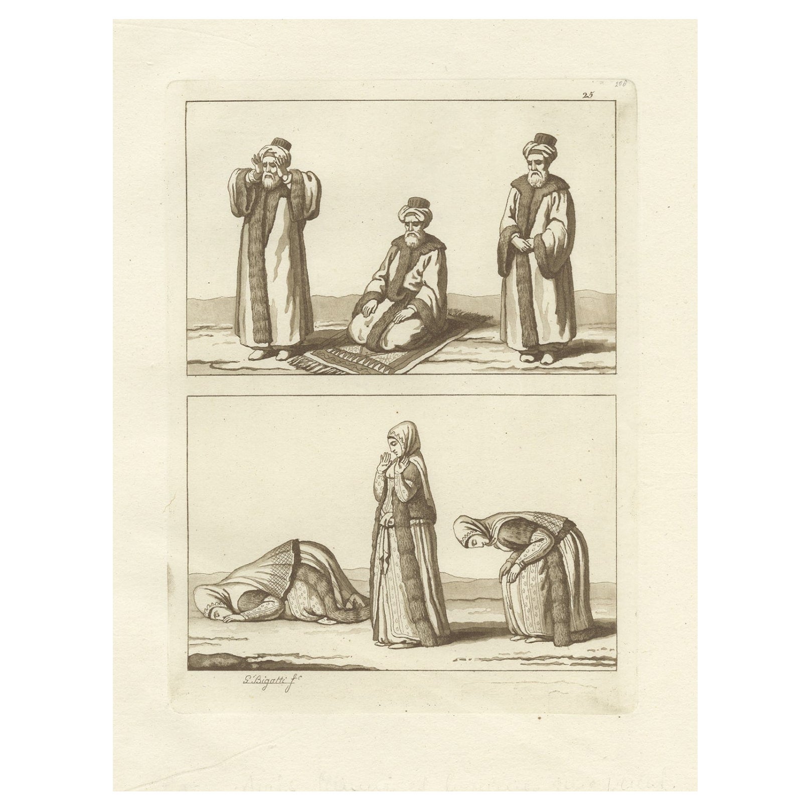 Impression ancienne originale d'hommes et de femmes arabes priant vers la Mecque, 1827