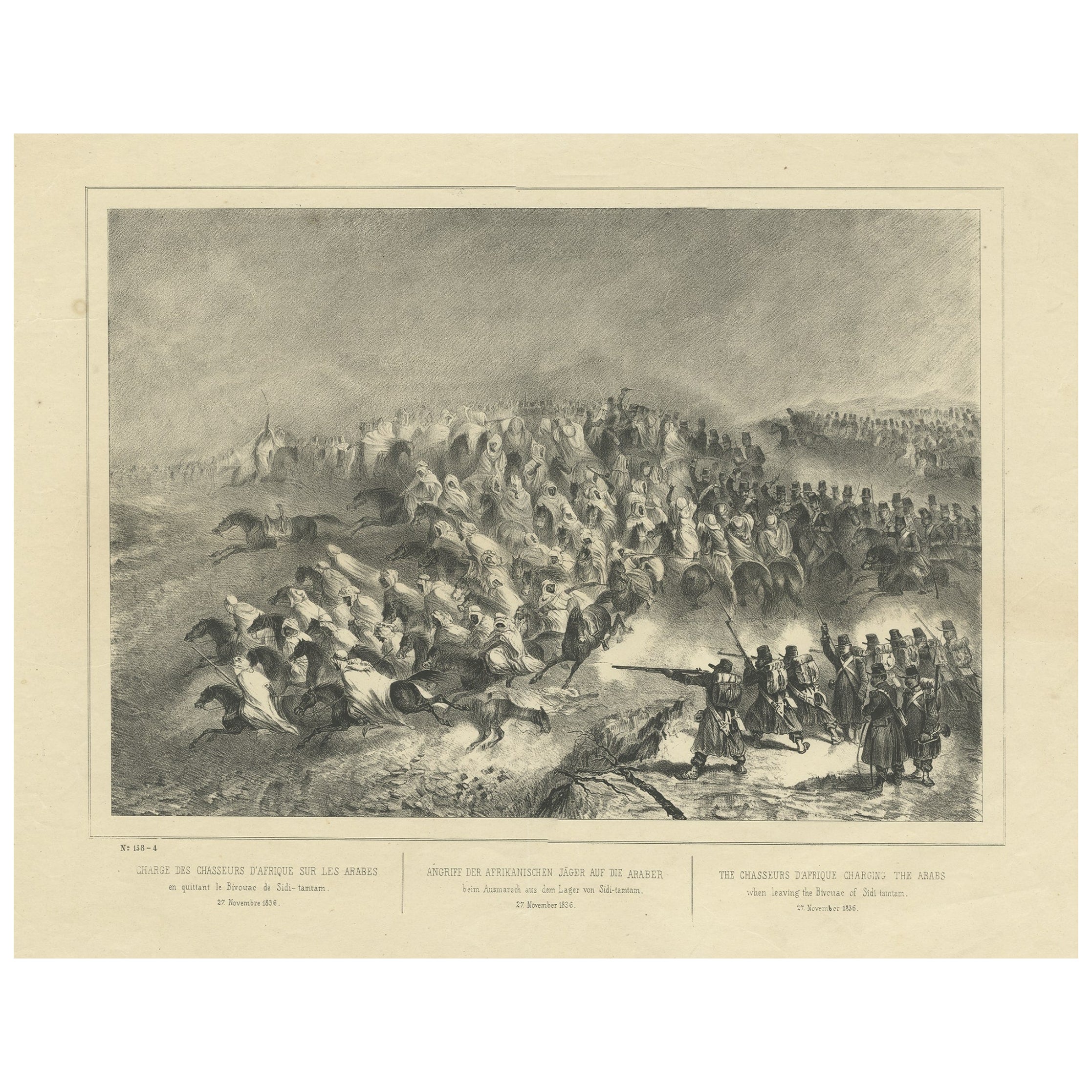 Old Print of Chasseurs d'Afrique Charging the Arabs in Algeria, ca.1840 For Sale