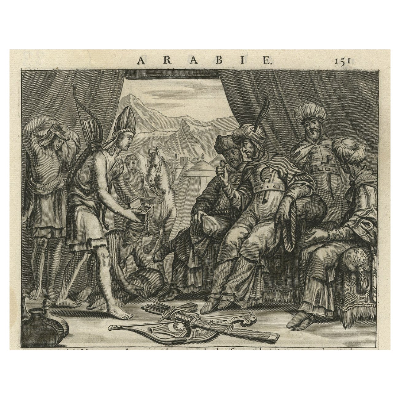 Ancienne estampe originale montrant des personnes arabes avec des armes recevant des cadeaux, vers 1680