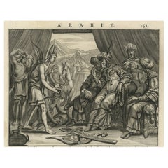 Antique Old Original Print Showing Arab People with Weapons Receiving Gifts, Ca.1680