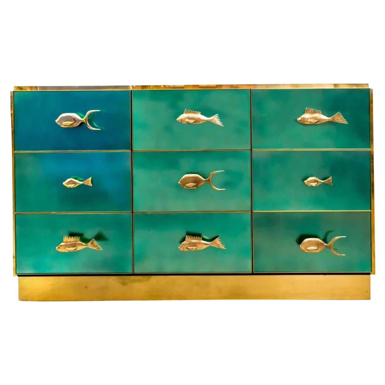 Buffet à 9 tiroirs sur mesure en laiton, verre vert émeraude et design artistique italien