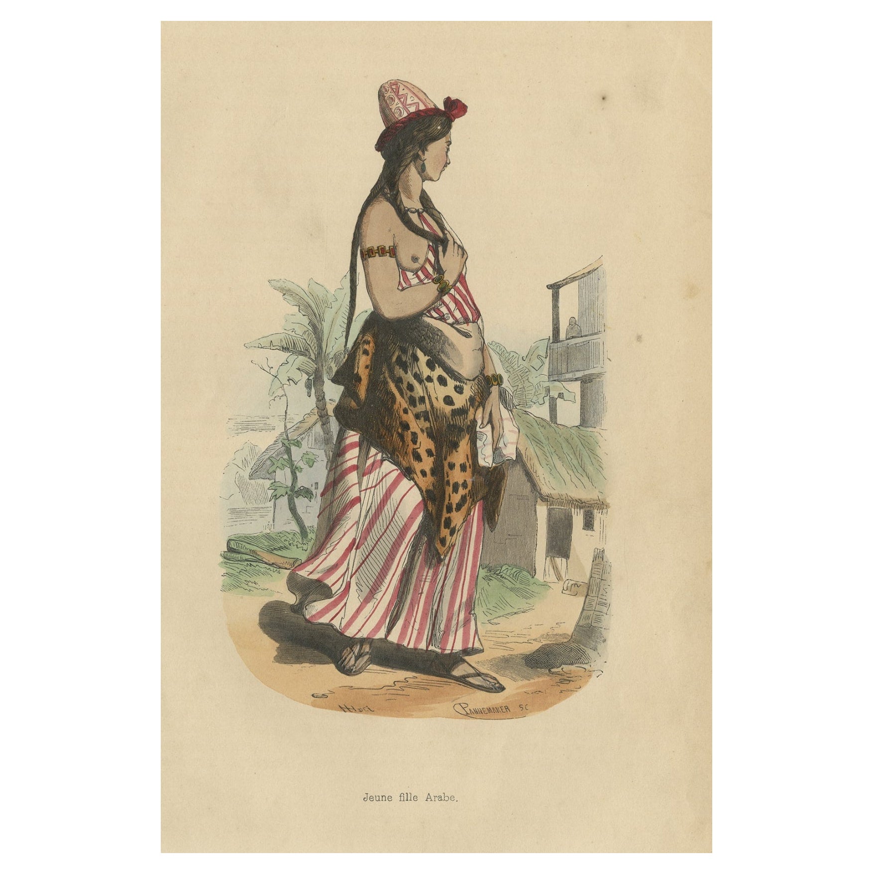 Antiker, handkolorierter Druck eines arabischen Mädchens, 1843