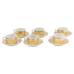 Retro 1960s Set of Six Fornasetti Tea Cups and Saucers White and Gold Ceramic Signed