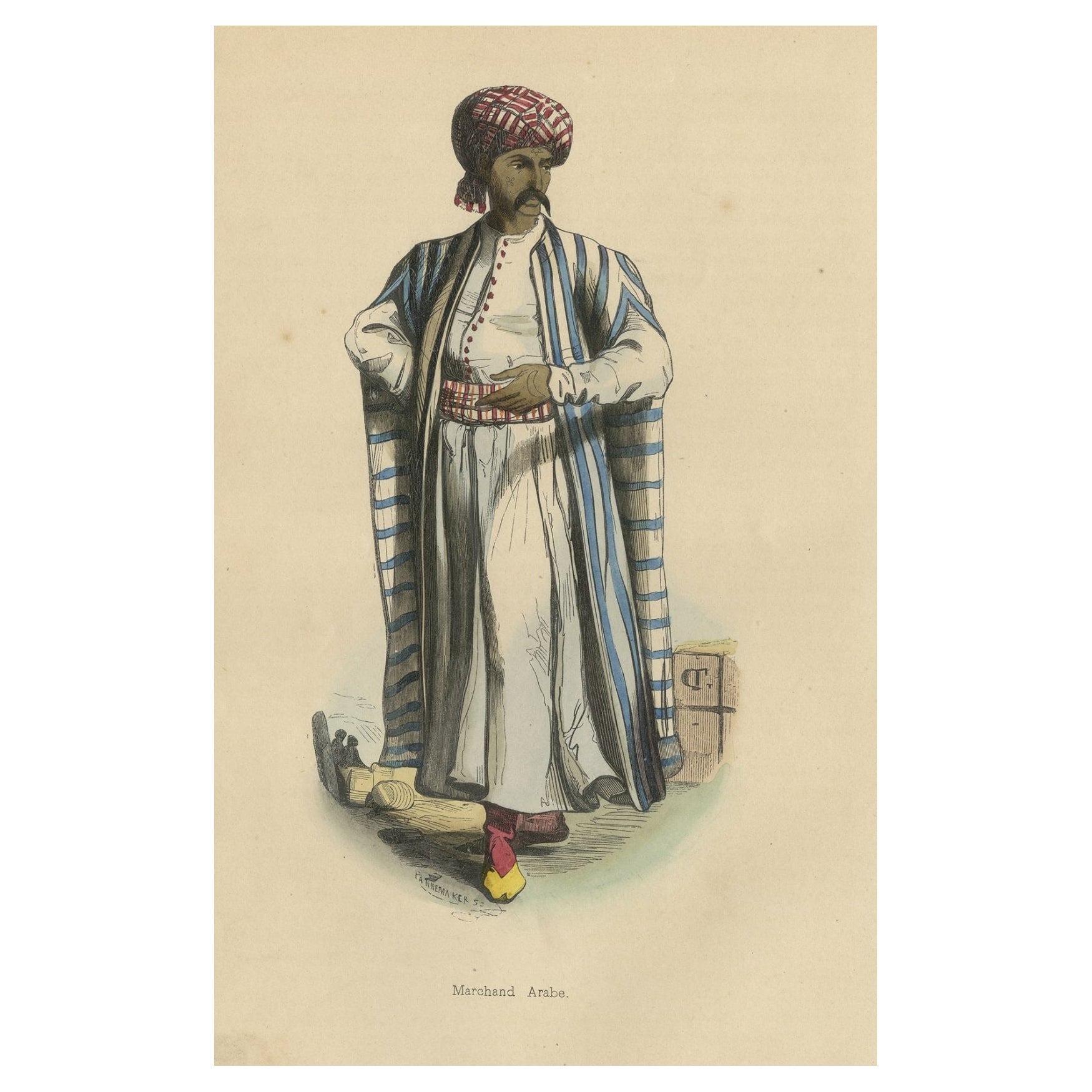 Original Antique Print of an Arabian Merchant, 1843 For Sale