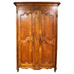 Antique 18th/19th C French Fruitwood Armoire with Satin Upholstered Interior