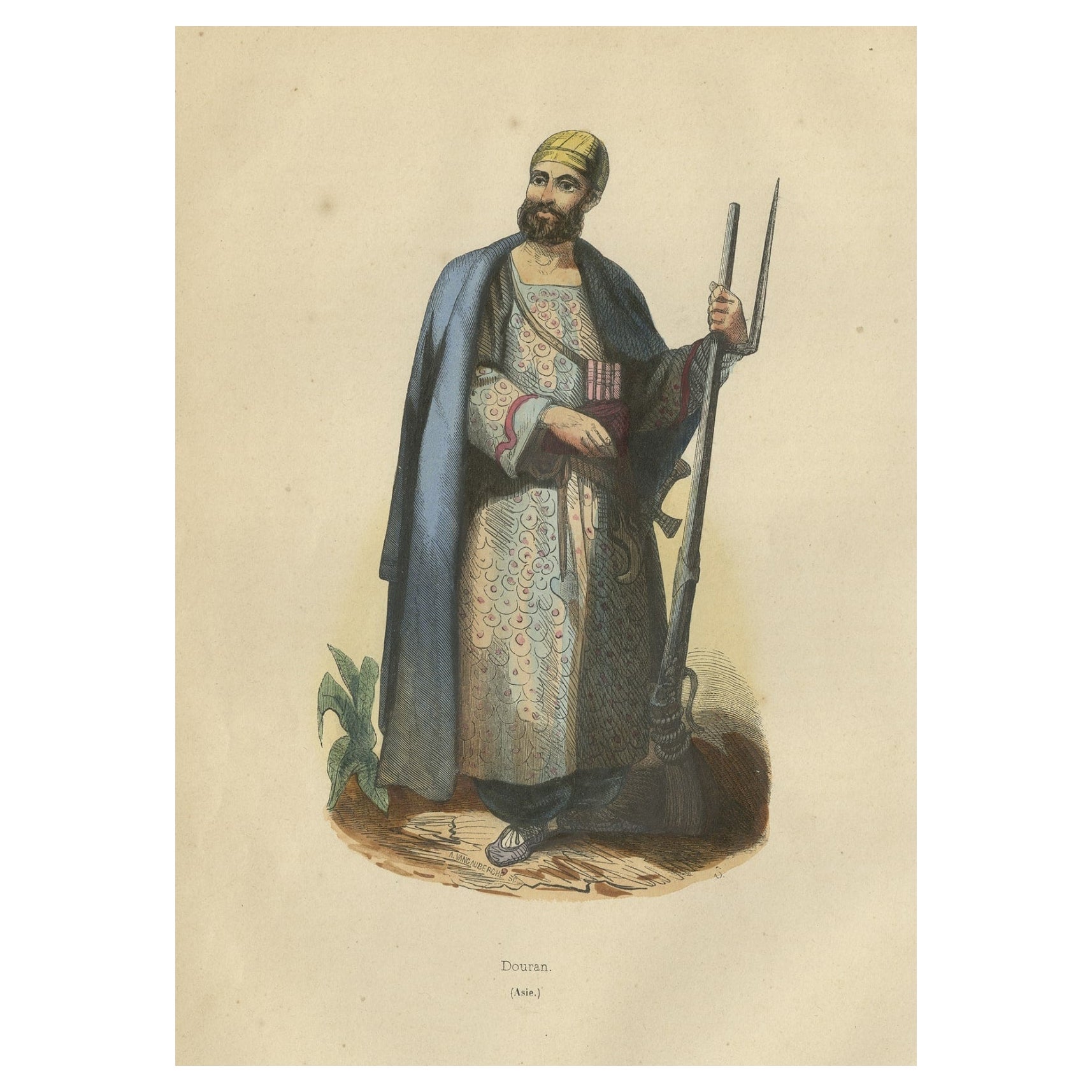 Impression de costume antique d'un "Douran" arabe avec des armes en Asie, 1843