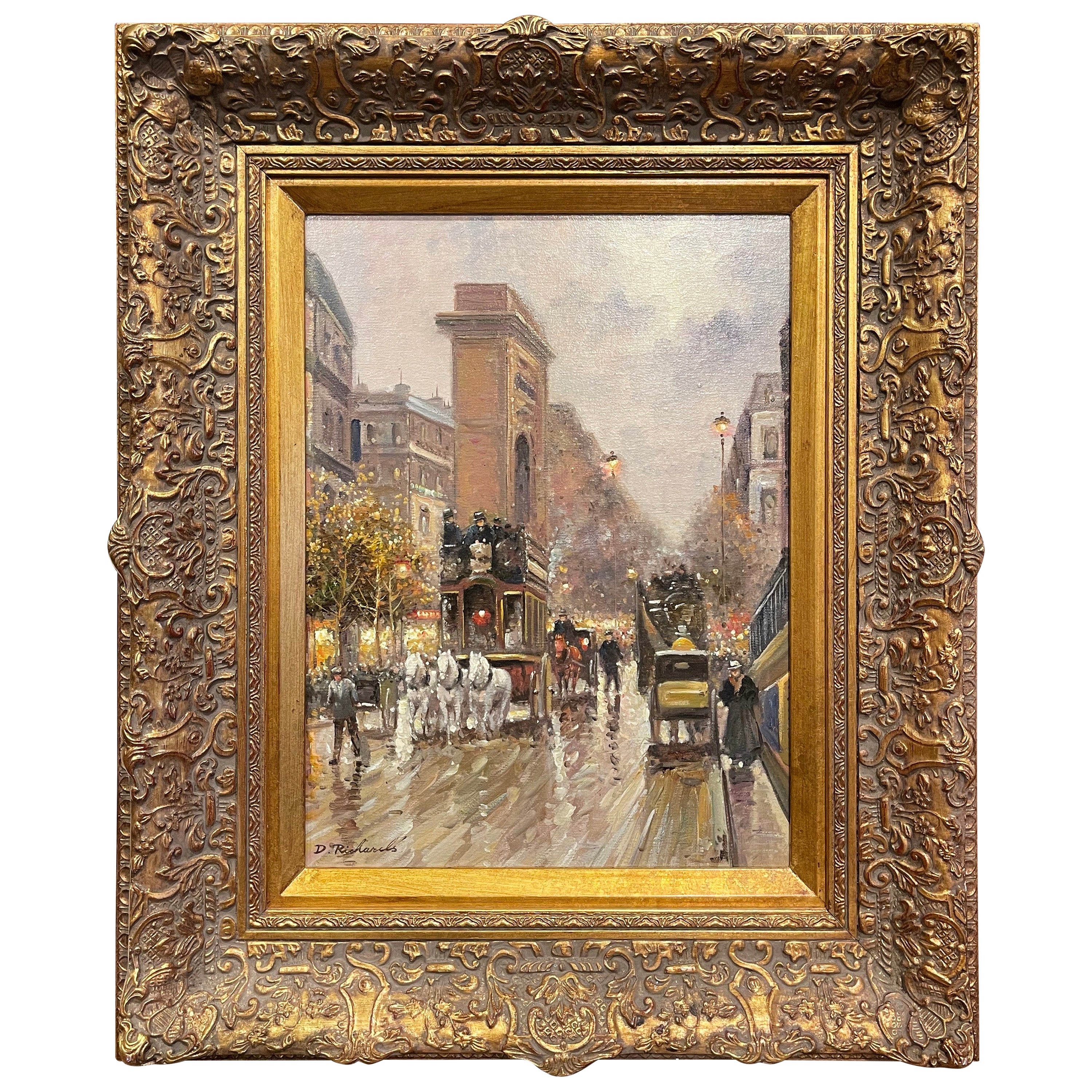 Peinture à l'huile de rue parisienne du milieu du siècle dans un cadre sculpté et doré signé D. Richards en vente