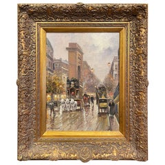 Mid-Century Parisian Street Oil Painting in Carved Gilt Frame Signed D. Richards