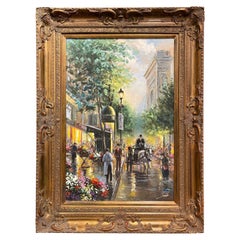 Oil on Canvas Parisian Street Painting in Carved Gilt Frame Signed J. Sambataro