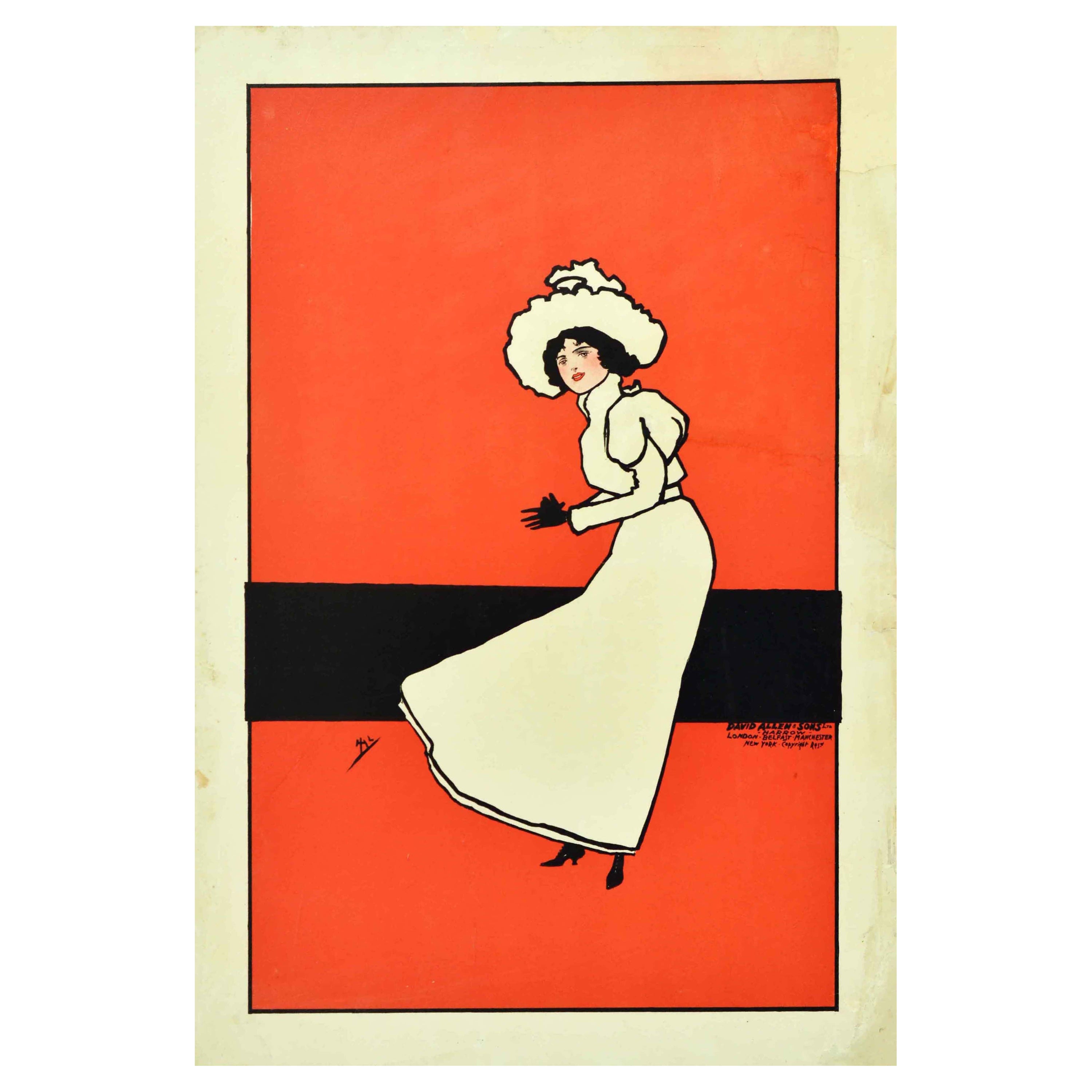 Affiche vintage d'origine d'illustration de mode victorienne, dame en vente