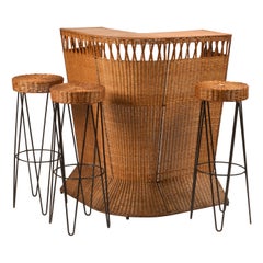 French Mid-Century Rattan Bar and 3 Matching Stools