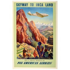 Original Vintage Air Travel Poster Skyway To Inca Land Pan Am Macchu Picchu Peru