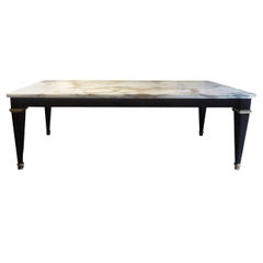 French Louis XVI Style Ebonized Coffee Table with Marble Top