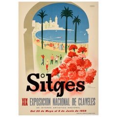 Original Vintage Poster Sitges Spain Carnation Flowers Exhibition Golf Beach Sea