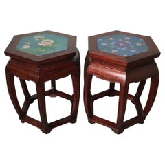 Antique Pair of Early 20th Century Hung Mu Wood and Cloisonné Drum Stool Stands