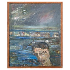 Warren Fischer Pittura acrilica astratta figurativa d'epoca
