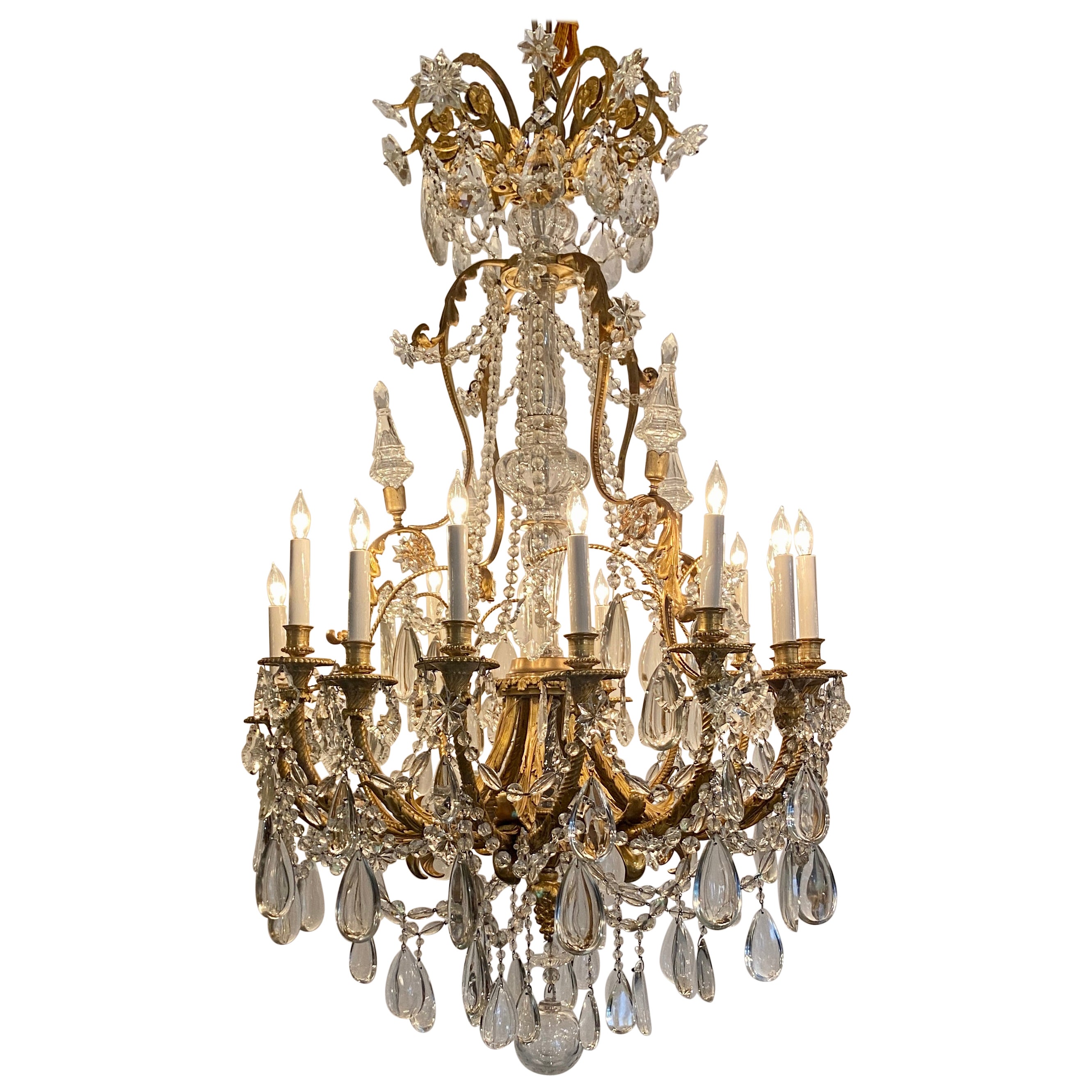 Antique French Ormolu Bronze and Baccarat Crystal Chandelier, Circa 1860 For Sale