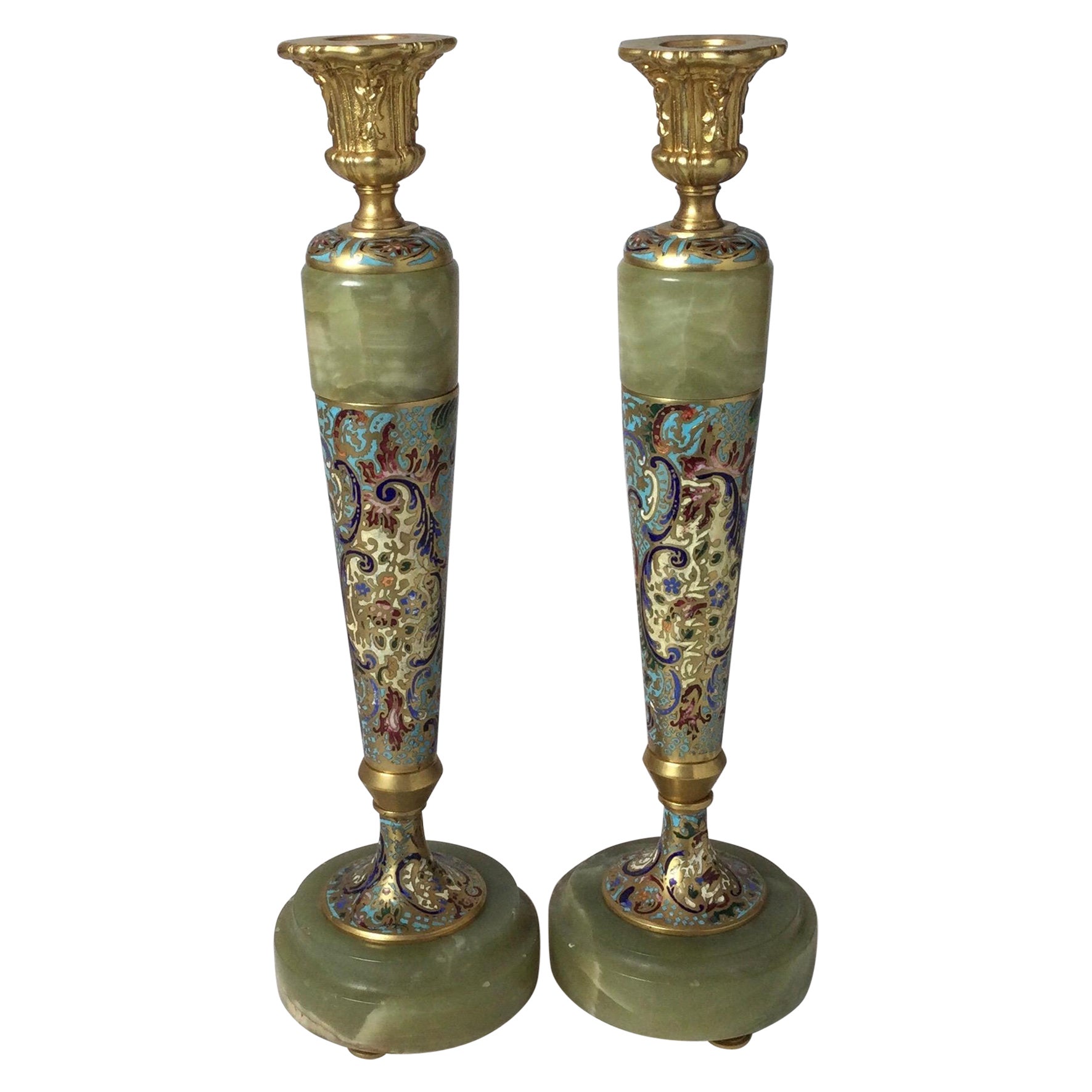 Circa 1900 Gilt Bronze Champleve' and Onyx Tall Candlesticks