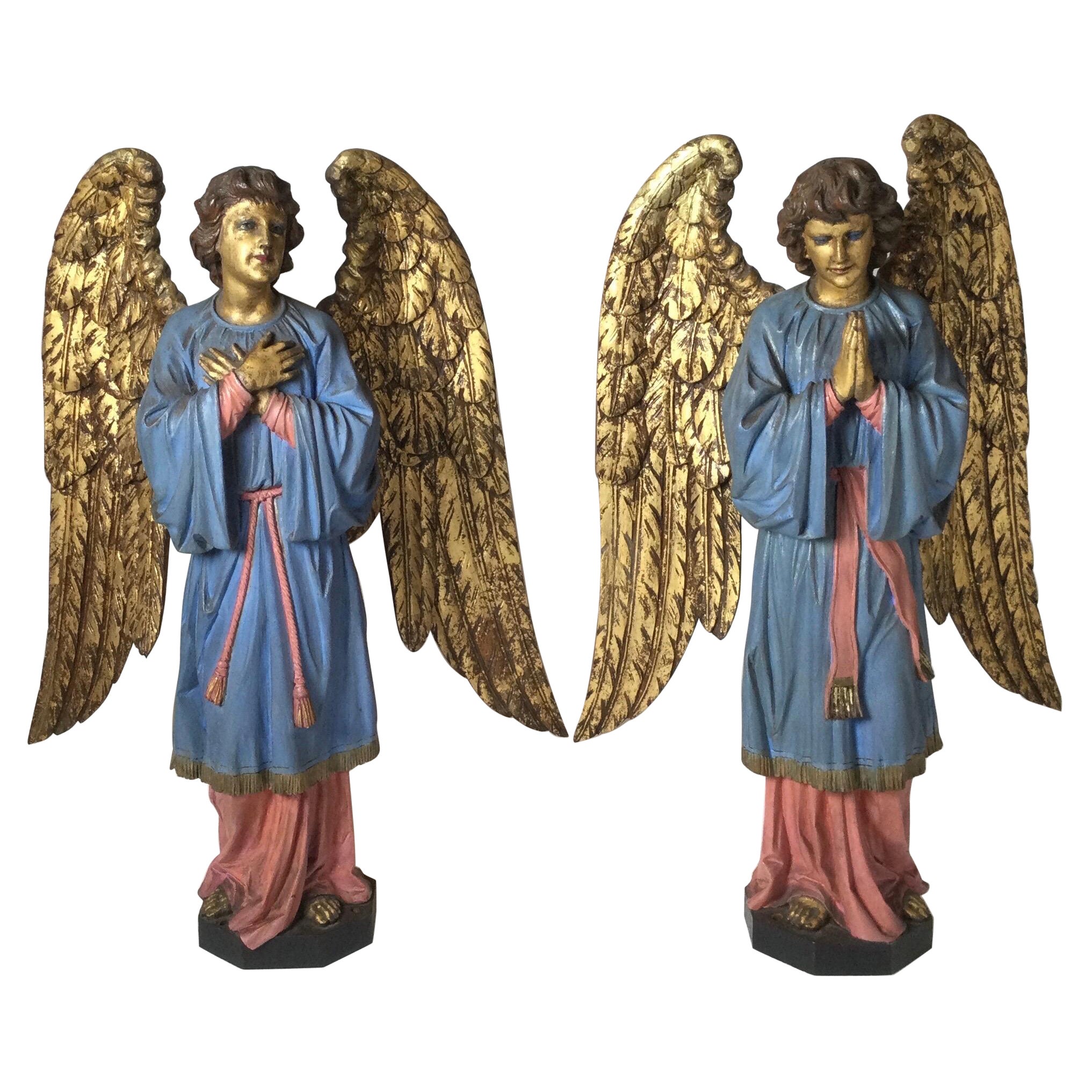 Pair of Late 19th Century Hand Carved Altar Angels 