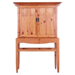 Used Baker Furniture Milling Road Shaker Style Carved Pine Linen Press or Bar Cabinet