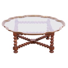 Baker Furniture English Oak Barley Twist Cocktail Table with Brass and Glass Top