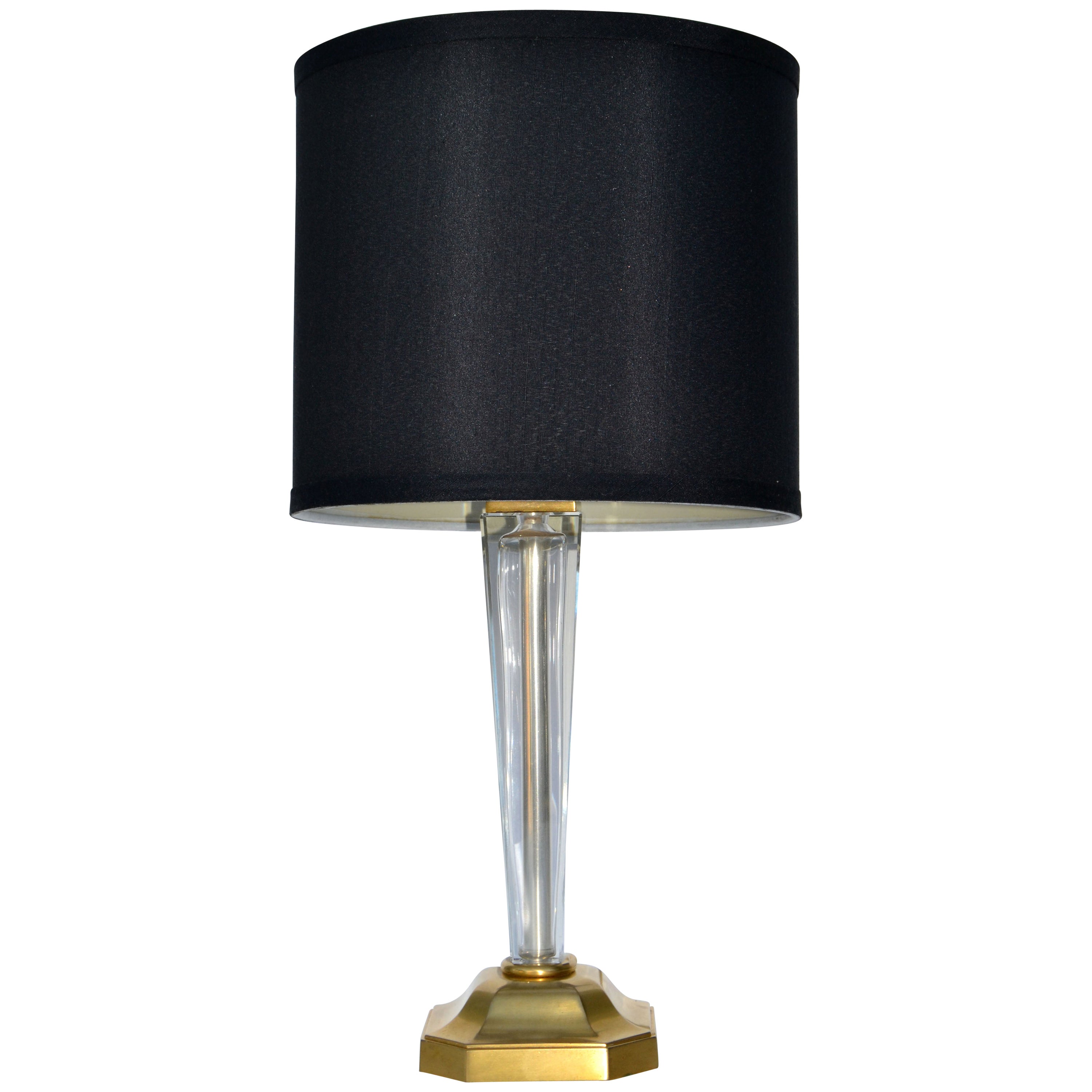 Maison Arlus Neoclassical Brass & Crystal Glass Table Lamp Black Drum Shade