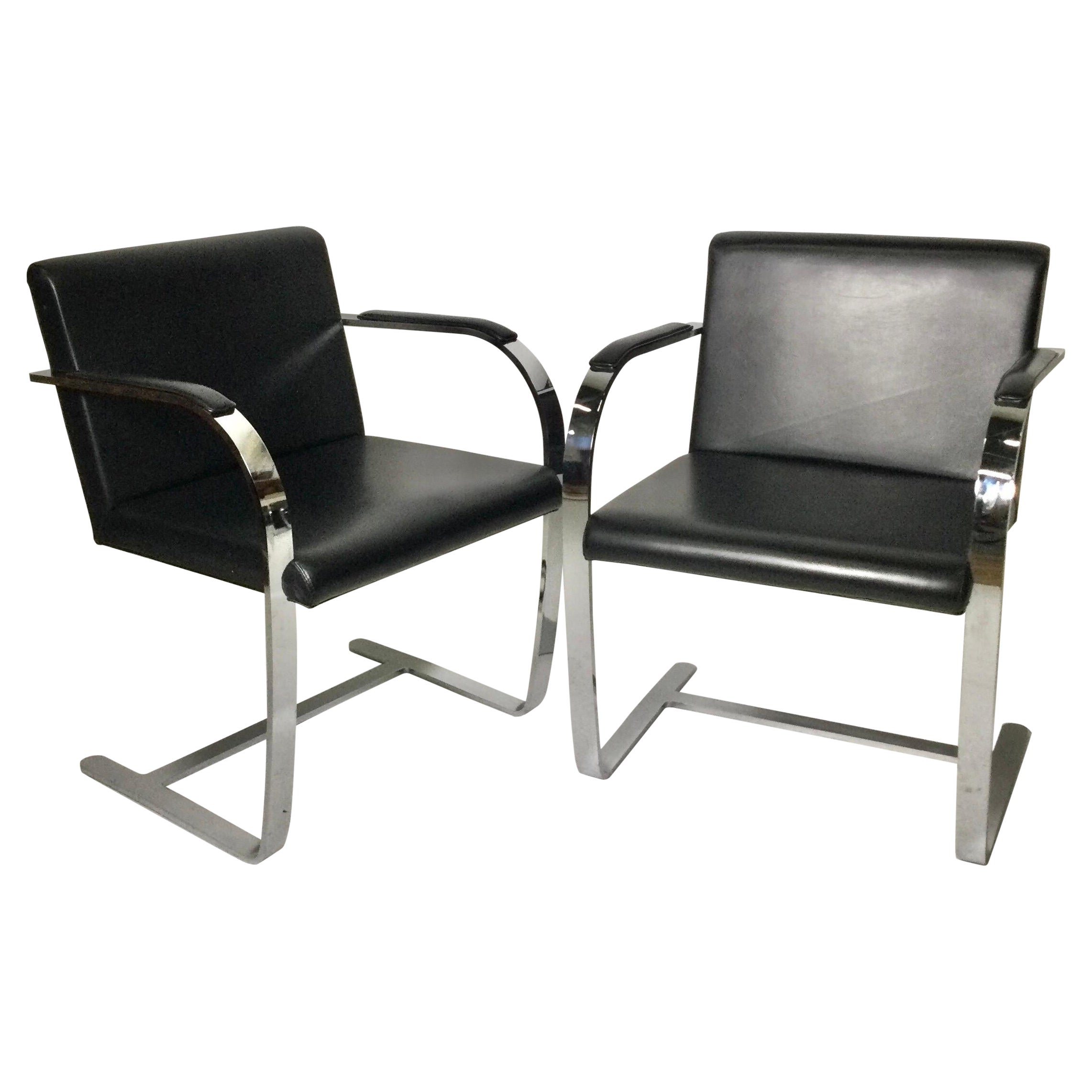 Pair of Knoll Bruno Style Flat Bar Chairs with Black Leather Upholstery For Sale