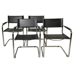 Set of 4 Black Leather Chrome Plated Tubular Steel Cantilever Style Arm Chairs