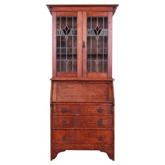 Antique Mission Oak Arts & Crafts Secretary Desk with Stained Glass Bookcase Hutch