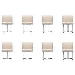 Set of 8 Design Institute of America Chrome Dining Chairs in Ivory White Bouclé