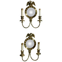Pair of American Brass Eagle Convex Mirror Two Arm Foliage Wall Sconces, C. 1840