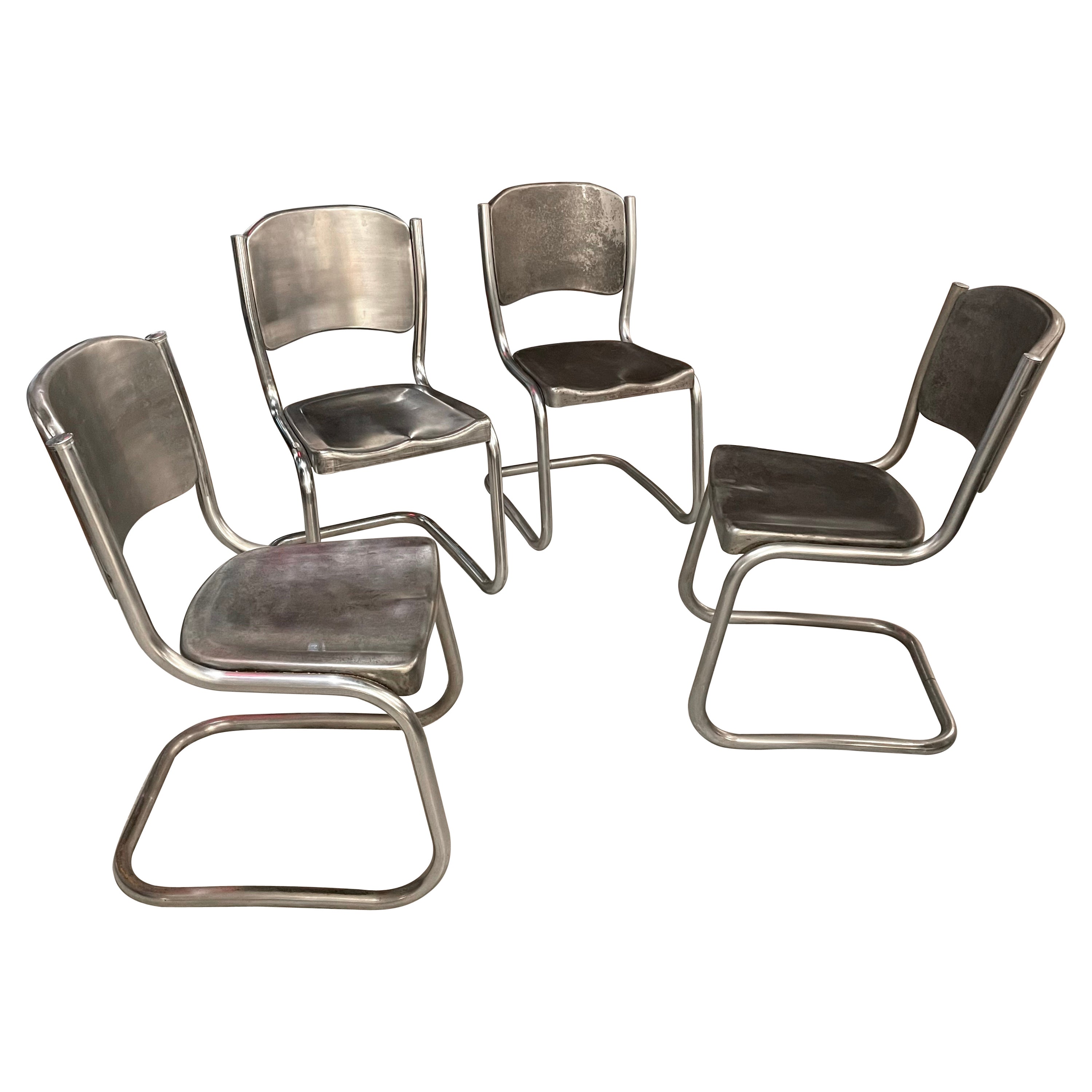 Mid-Century Brushed Tubular Steel Contoured Cantilever Chairs For Sale