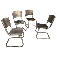 Vintage Mid-Century Brushed Tubular Steel Contoured Cantilever Chairs
