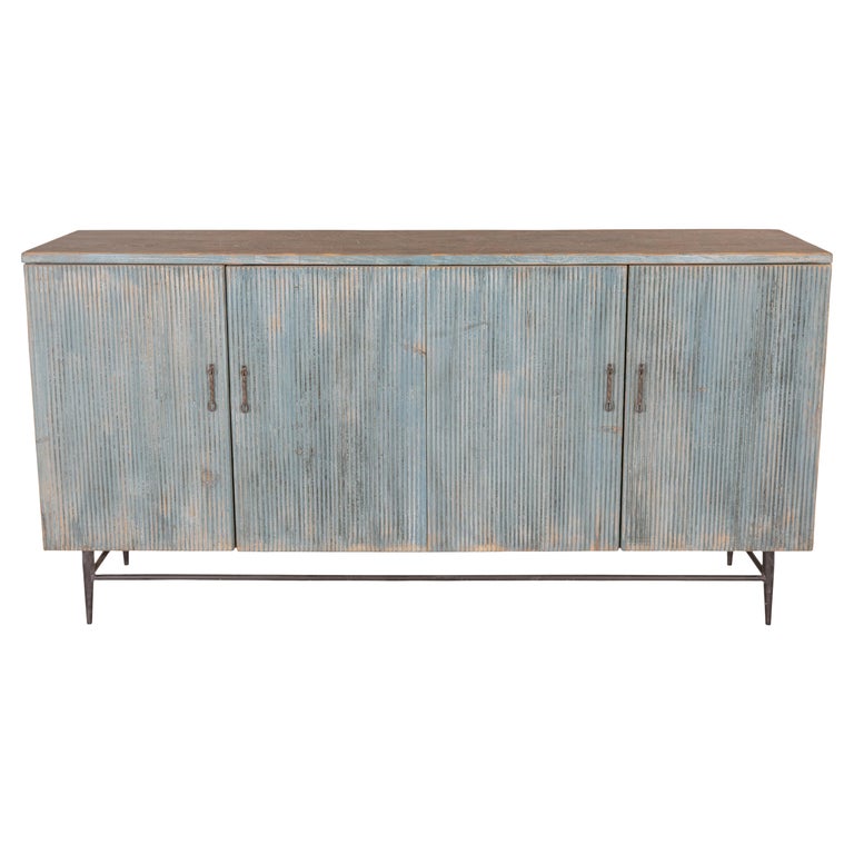 Distressed Patina Four Door Reeded Server  For Sale
