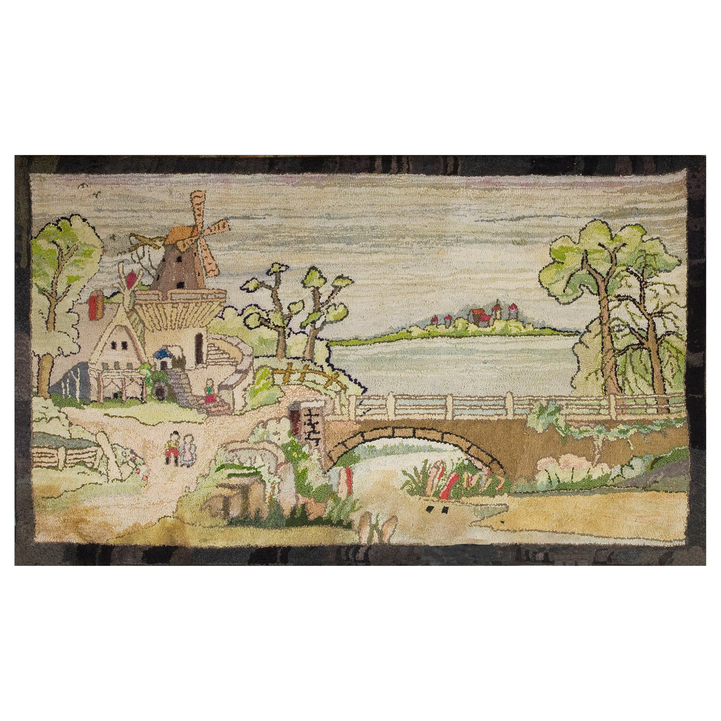 Pictorial American Hooked Teppich mit Kapuze aus der Mitte des 20. Jahrhunderts ( 3'2" x 5'6" - 97 x 168)