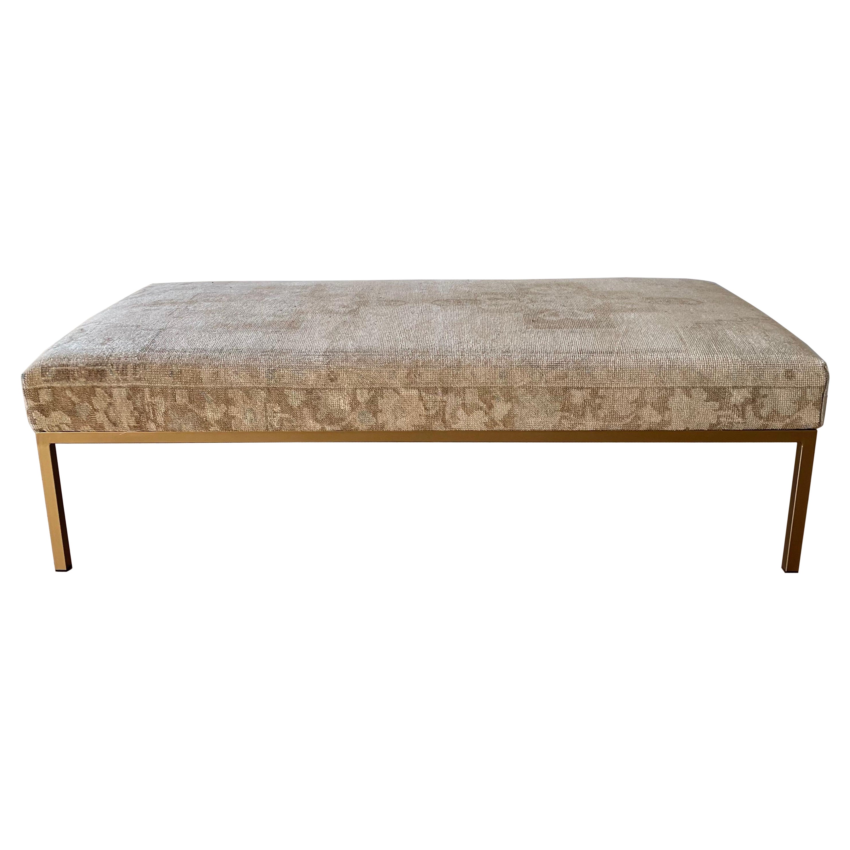 Upholstered Ottoman Made of Midcentury Colorful Turkish Rug over Custom