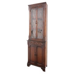 Vintage 20th Century English Oak and Leaded Glass Corner Cabinet