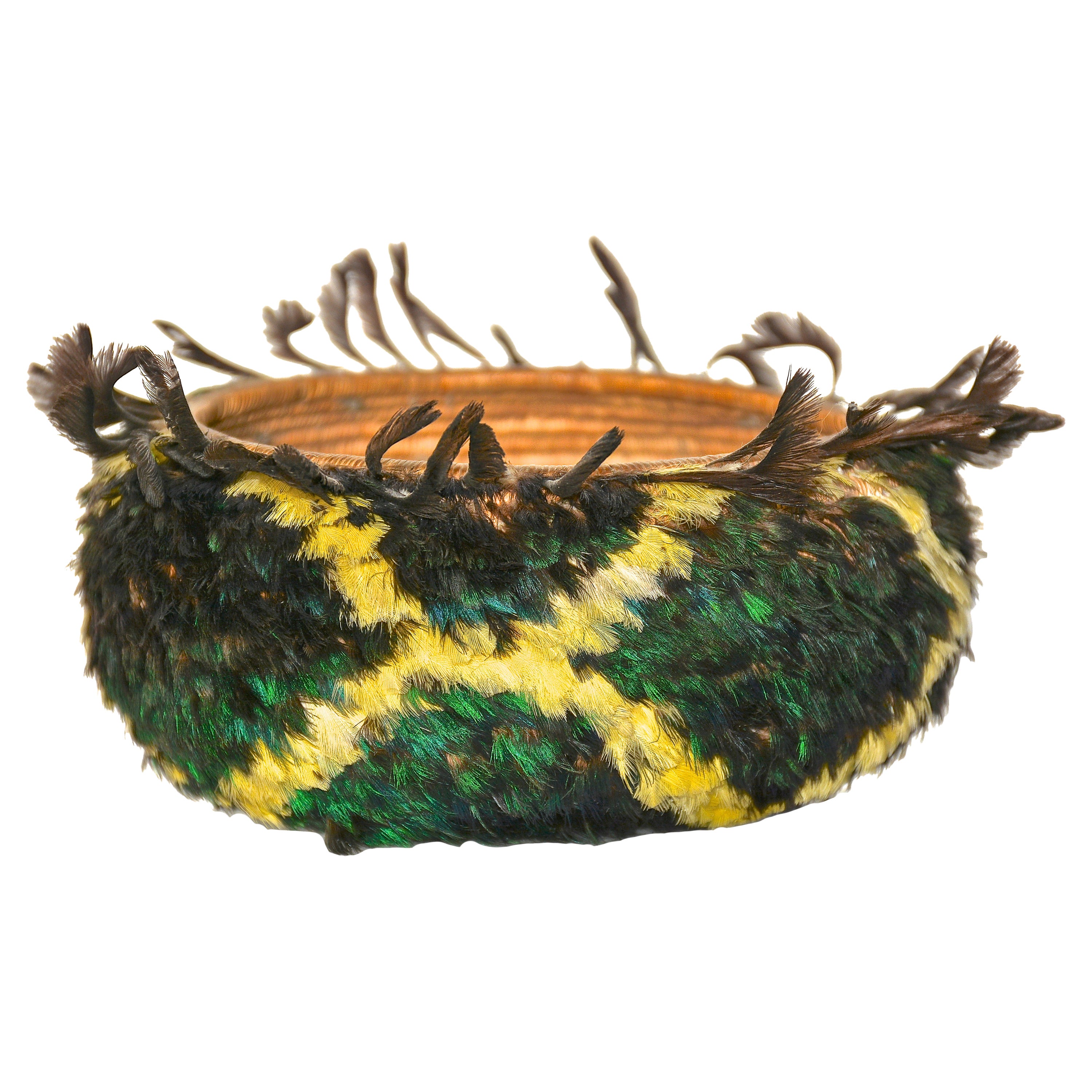 Pomo Coiled and Feather Basket For Sale
