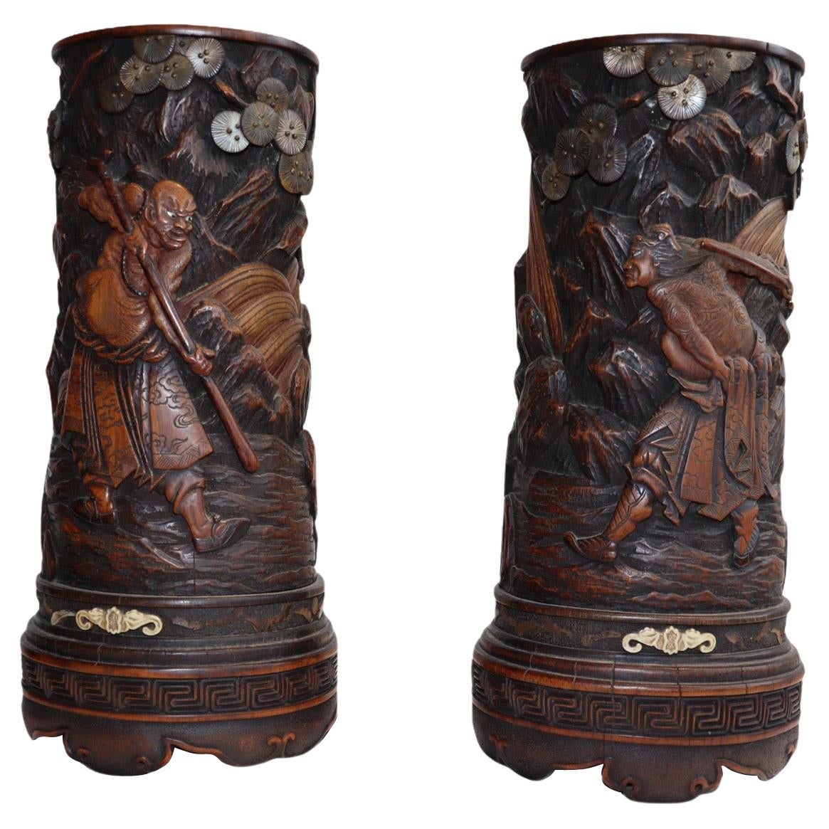 Monumental Pair of Chinese Carved Wood Brush Pots, Late 18th Century For Sale