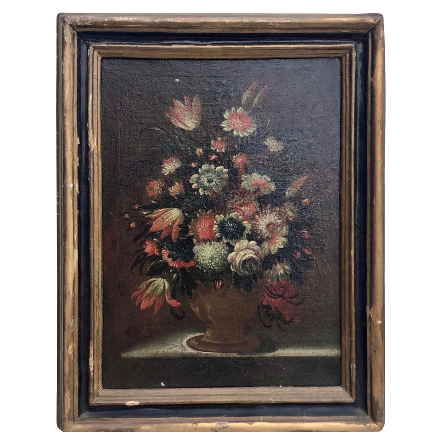 Ancienne nature morte florale italienne de maître ancien, peinture à l'huile, fleurs, 18ème siècle en vente