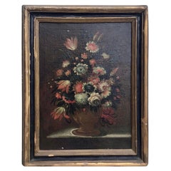 Ancienne nature morte florale italienne de maître ancien, peinture à l'huile, fleurs, 18ème siècle