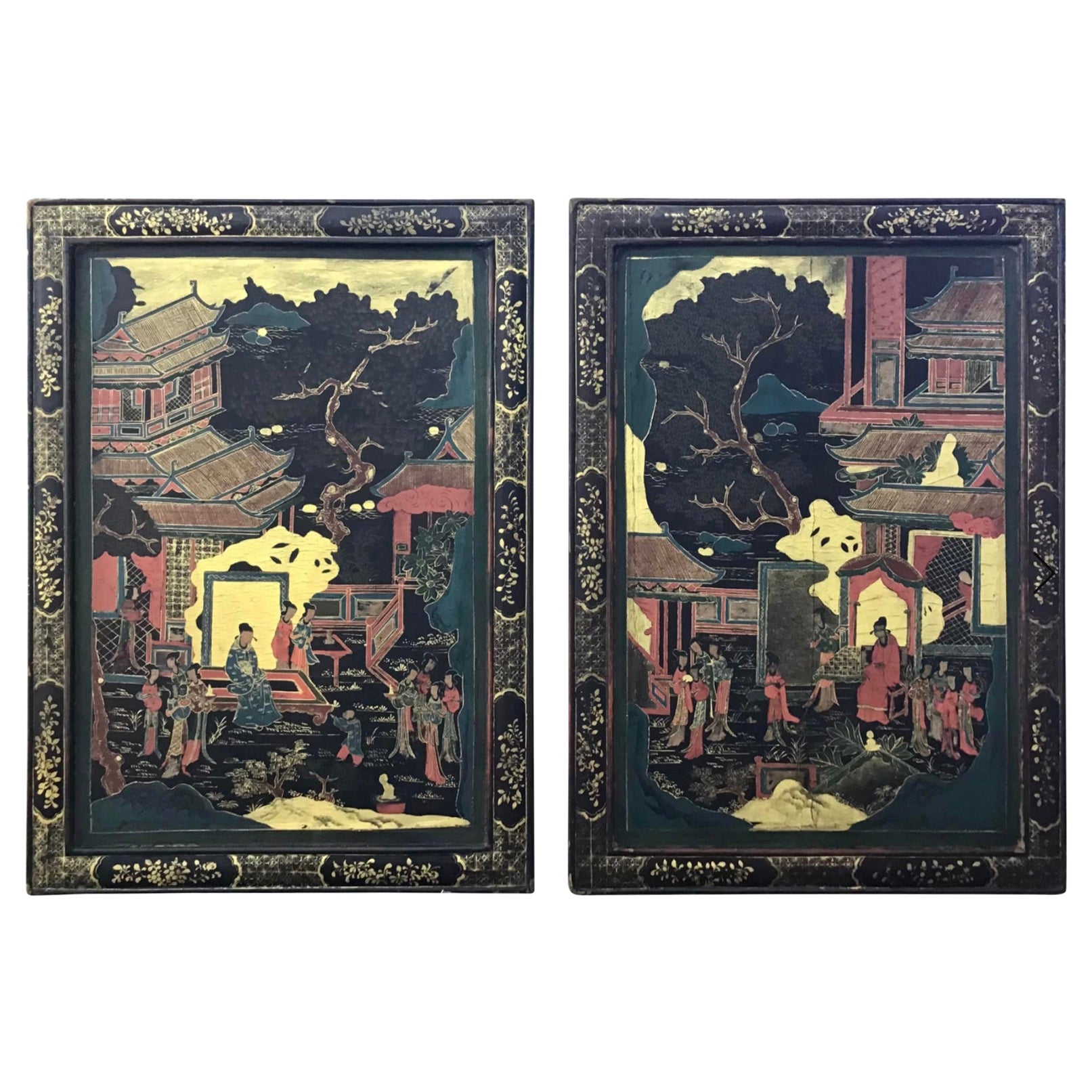 Chinese Chinoiserie Decorated Lacquer Panels, a Pair